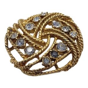 Vintage Brooch Pin Costume Jewelry Gold Tone White Crystal Rhinestones Circle
